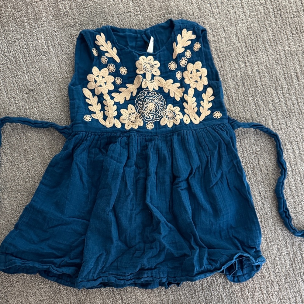 Roller Rabbit Blue Dress with Cream Floral Embroidery